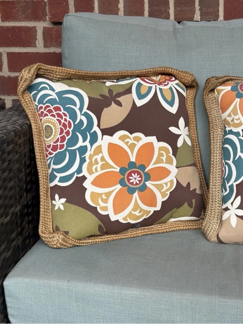 Set of 3 Floral Outdoor Accent Pillow in Brown, Orange & Teal
